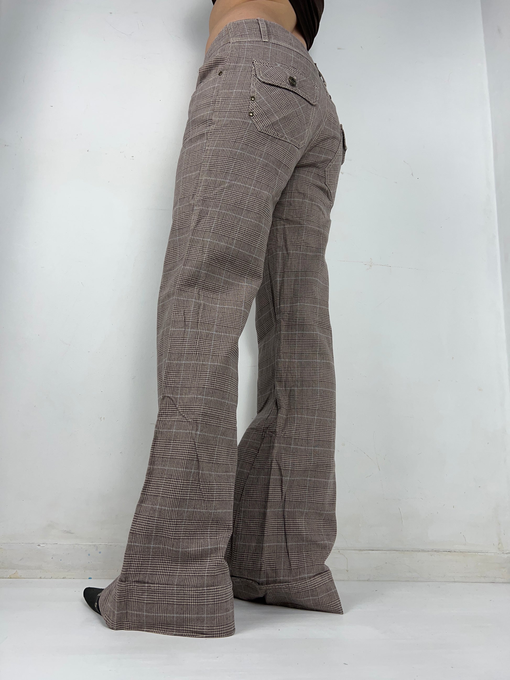 Beige check print low rise office flare pants (S/M)