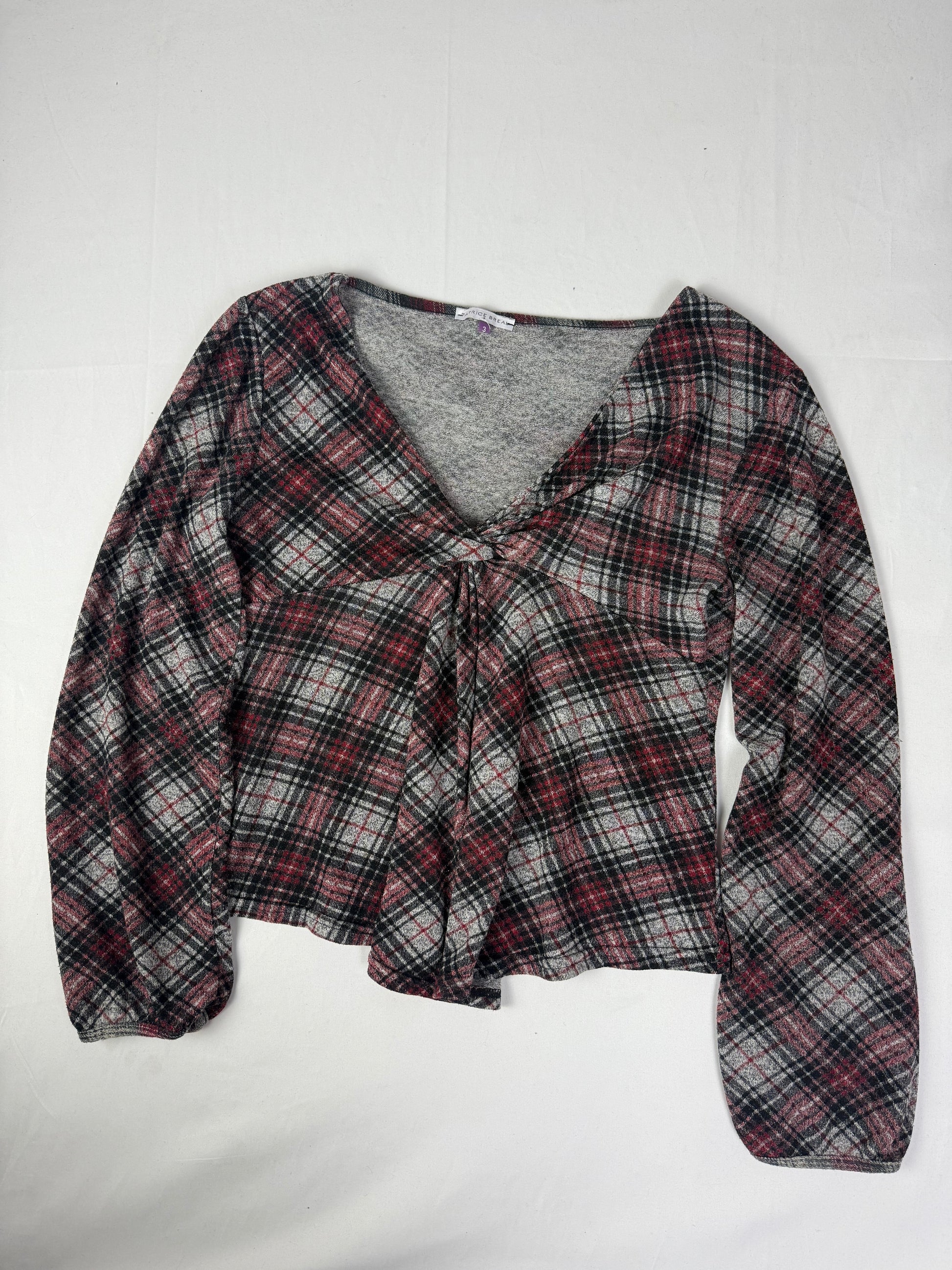 Cotton check print V neck long sleeves top (L)