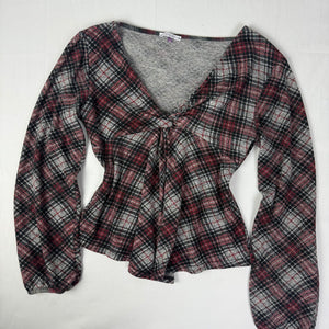 Cotton check print V neck long sleeves top (L)