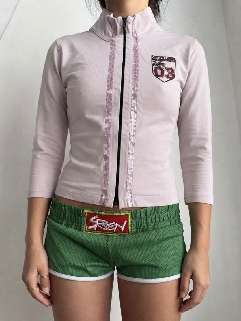 Pink zip up tight fit sweatshirt (XS)