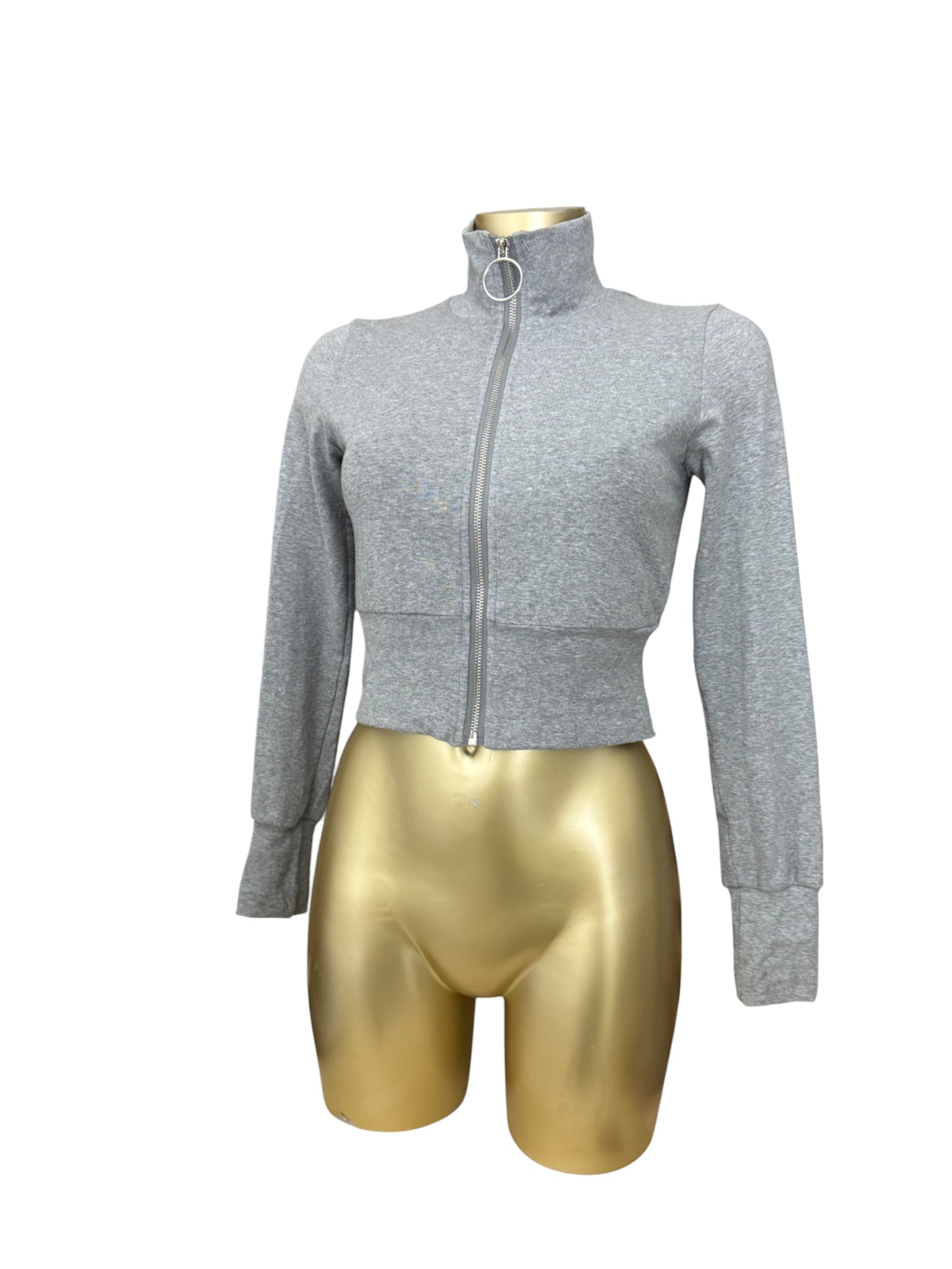 Grey cropped tight fit cotton zip up sweatshirt (S)