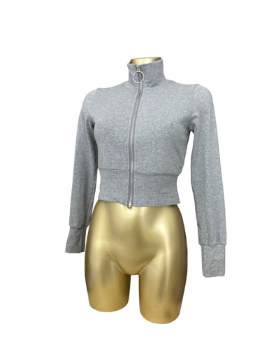 Grey cropped tight fit cotton zip up sweatshirt (S)