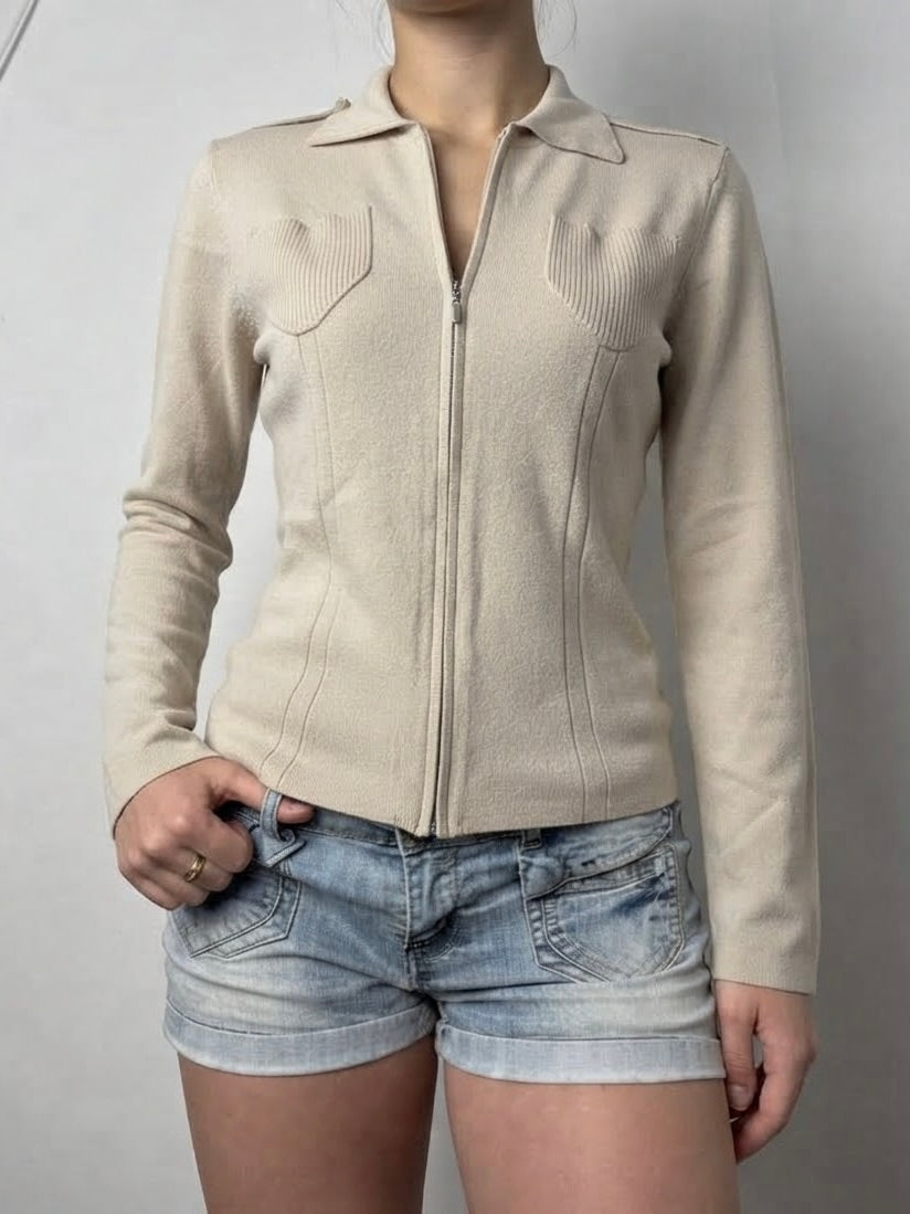 Beige zip up stretchy knit jacket (L)