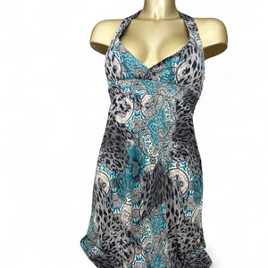 Blue graphic backless mini dress (S/M)