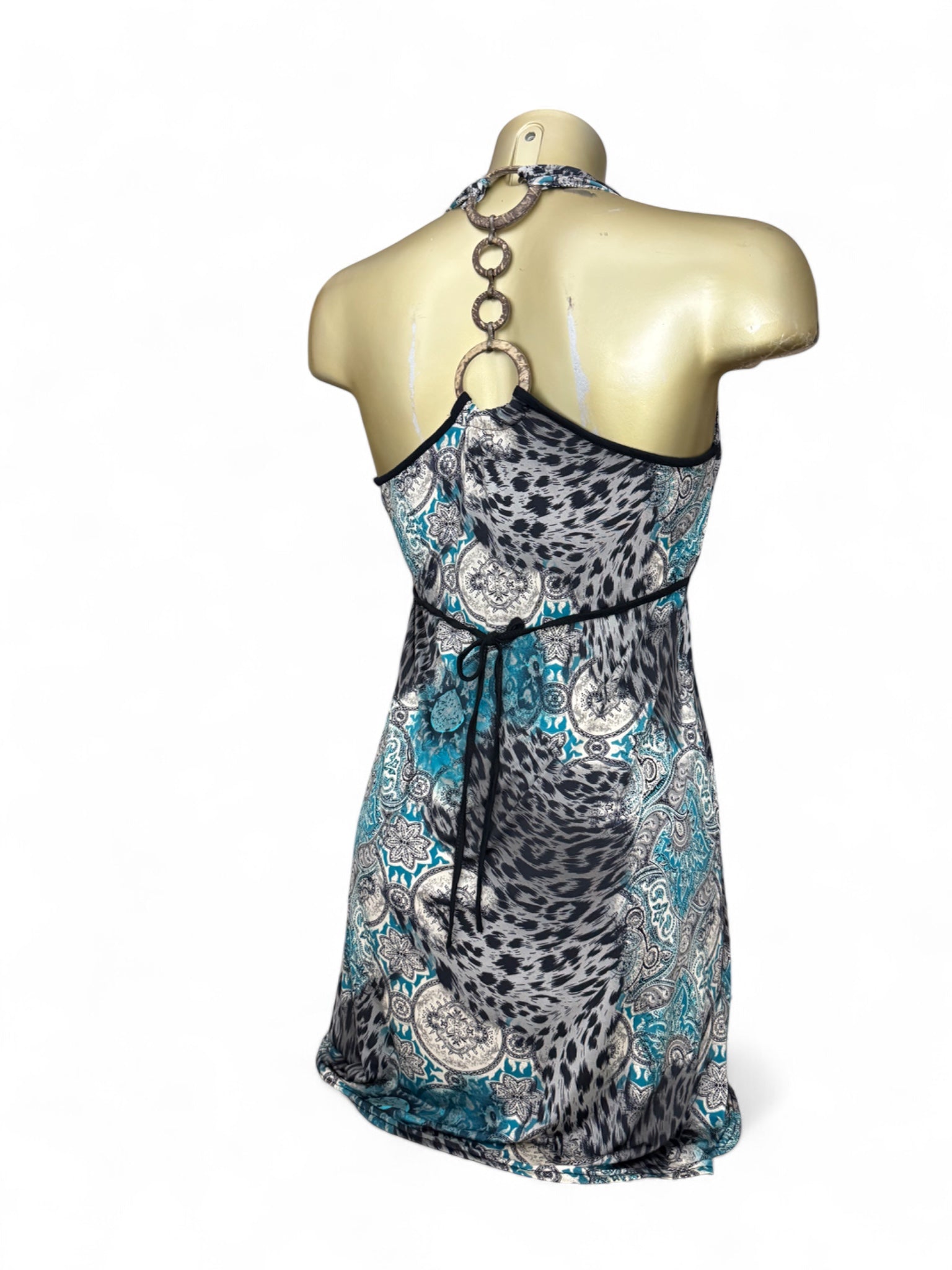 Blue graphic backless mini dress (S/M)