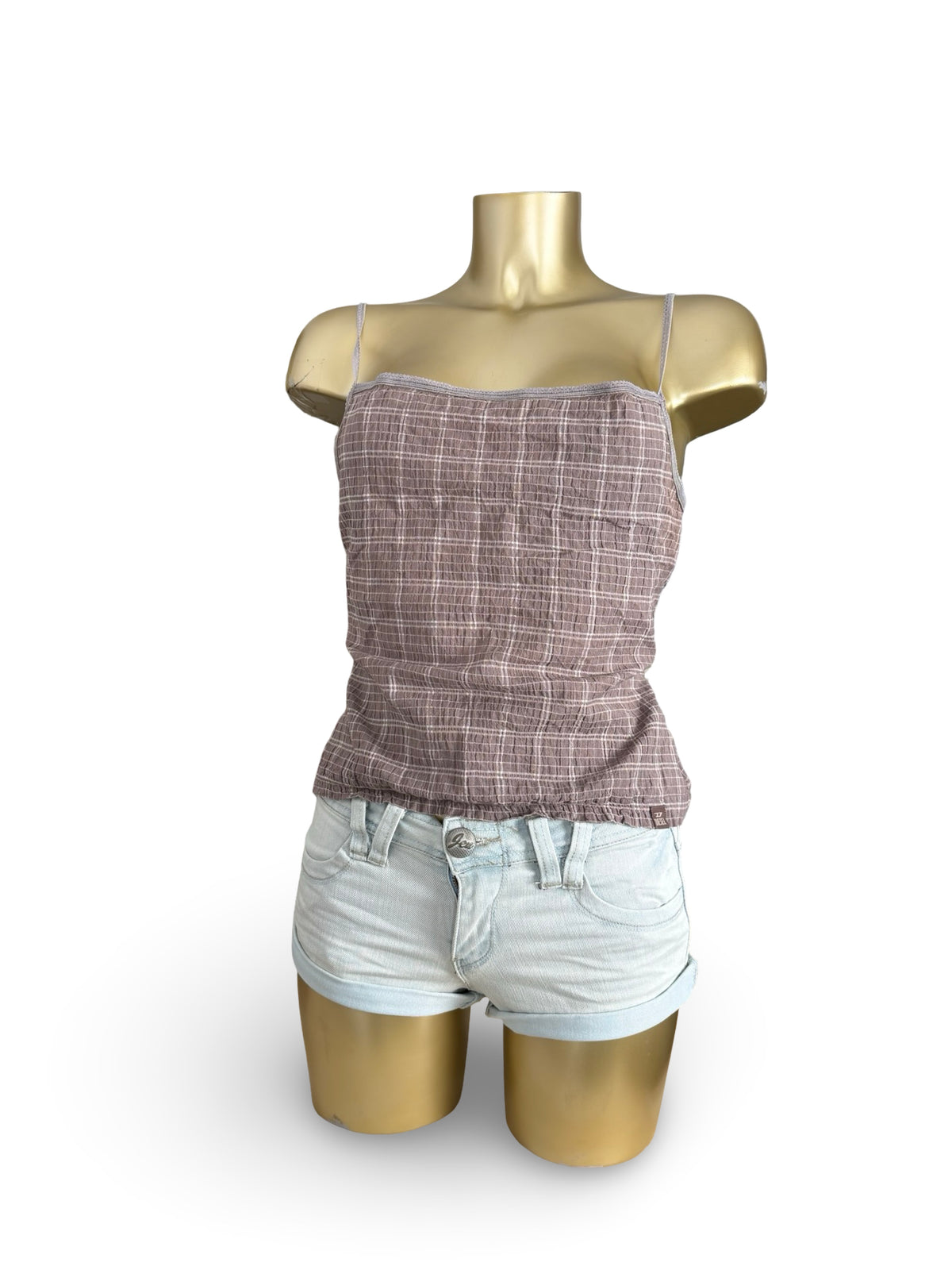 Beige check print ruched cami top (XL)