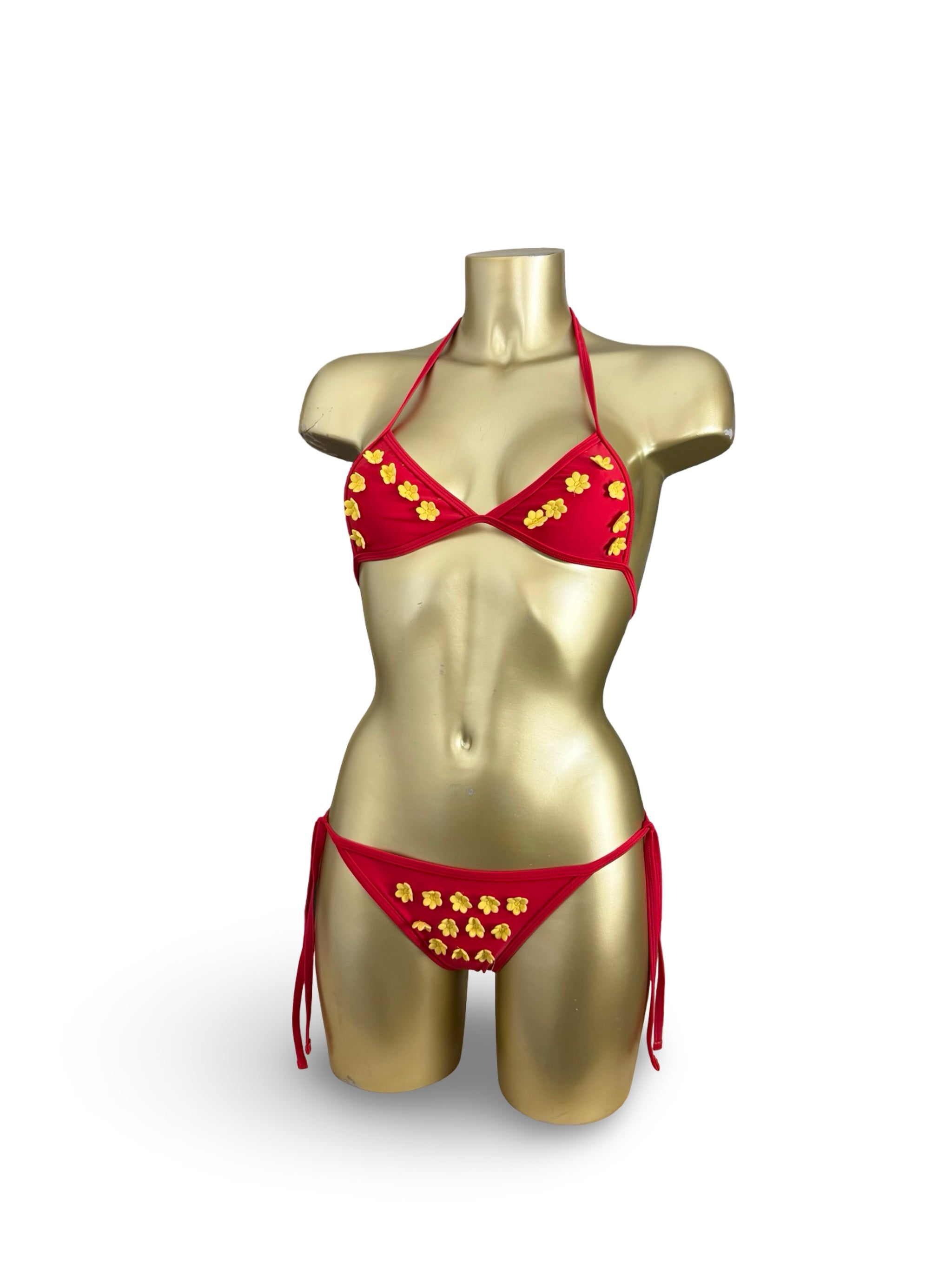 Red flower appliquée low rise bikini set (XS)