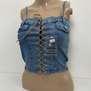 Denim blue lace up stretchy cami corset top