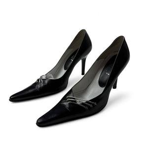 Black real leather pointed toes heels (37)