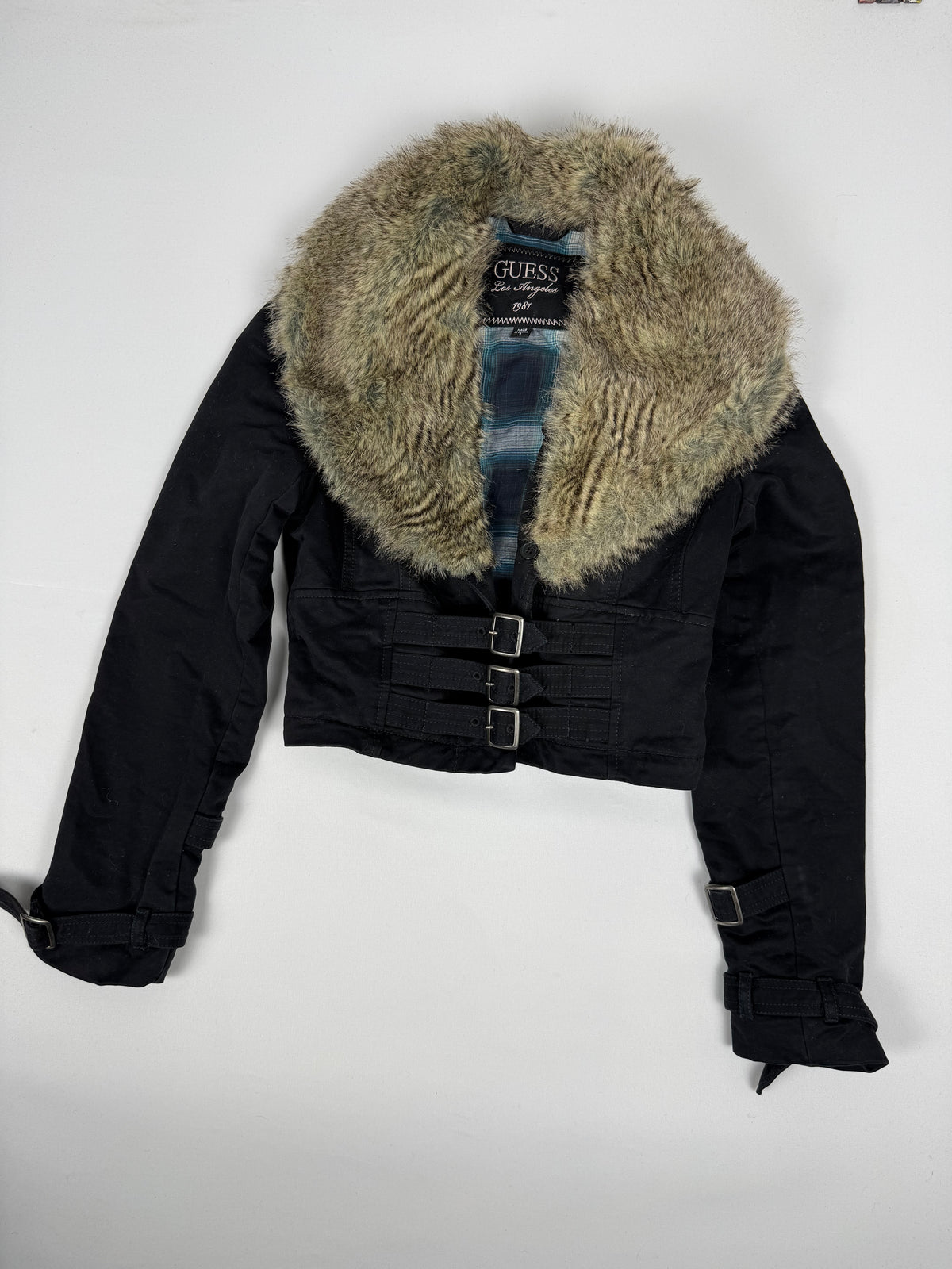 Black faux fur trim crop biker jacket (S)