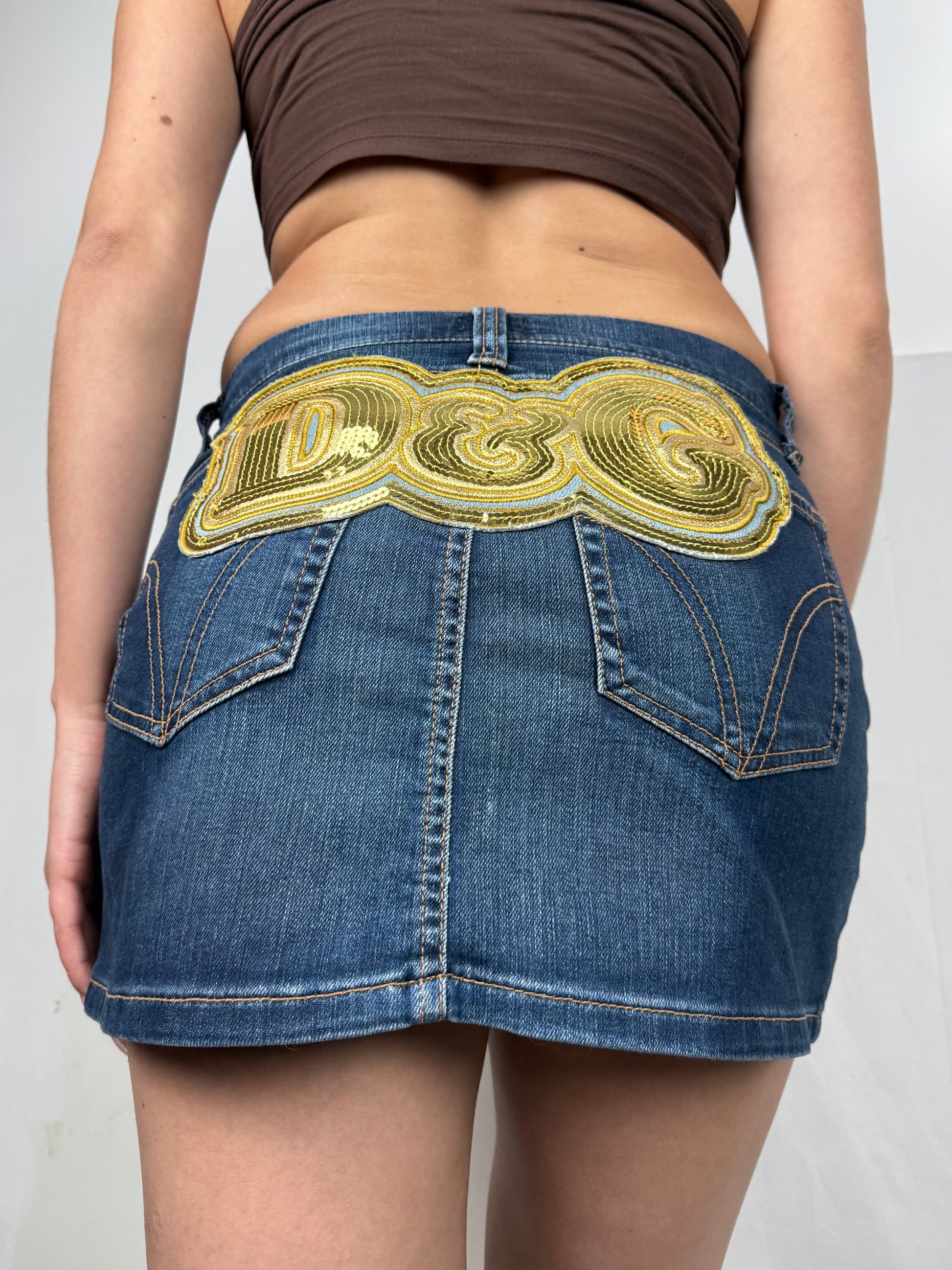 Blue denim sequins logo mini skirt (S/M)