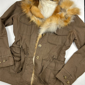Khaki  y2k zip up real fur jacket (S)