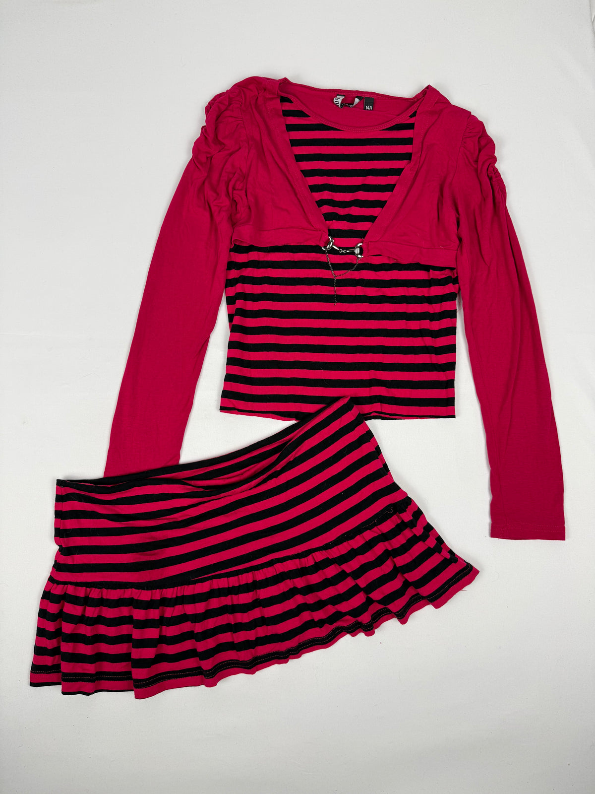 Pink striped long sleeves top + mini skirt set (M)
