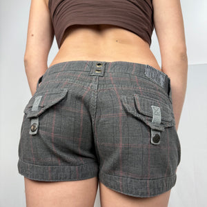 Brown check print low rise denim mini short (XL)