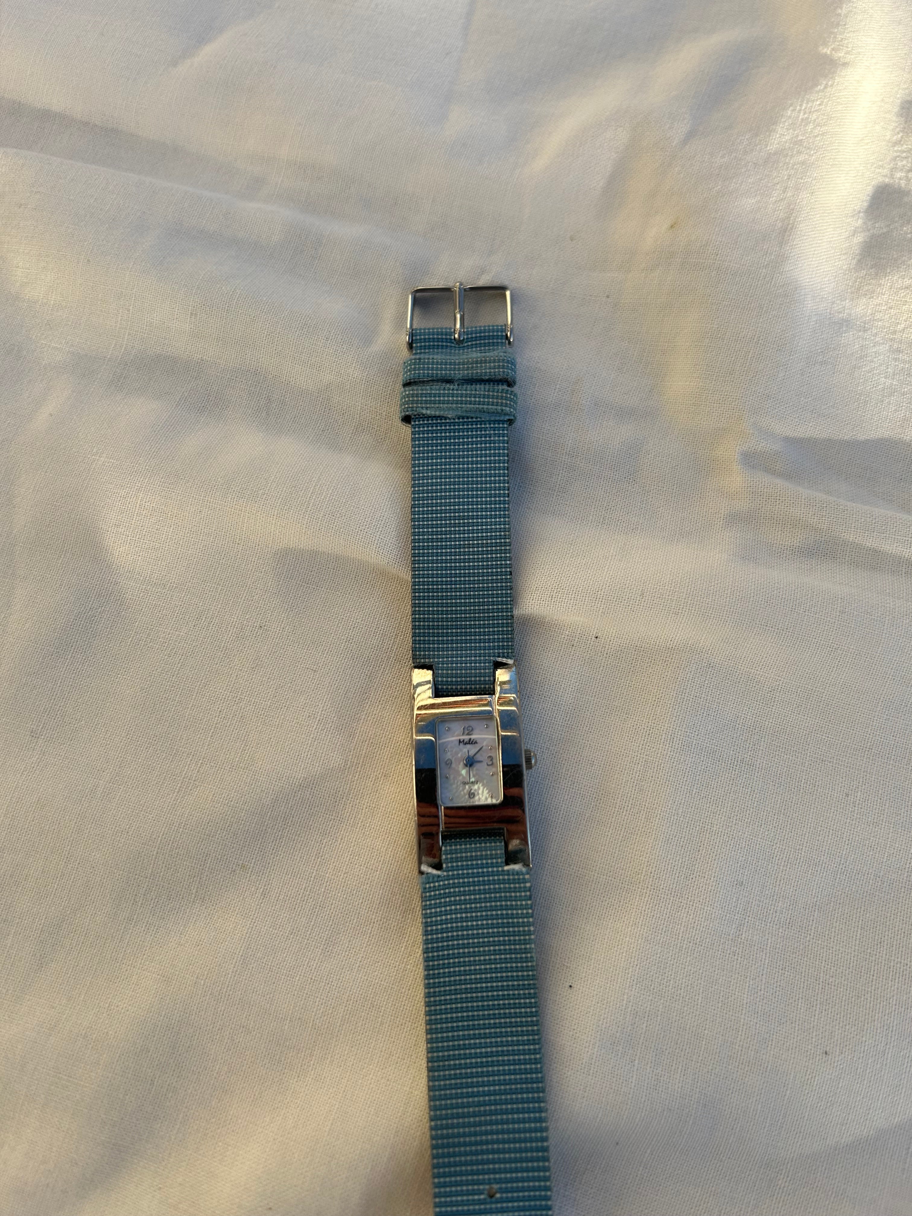 Vintage stainless steel blue leather bracelet watch jewelry