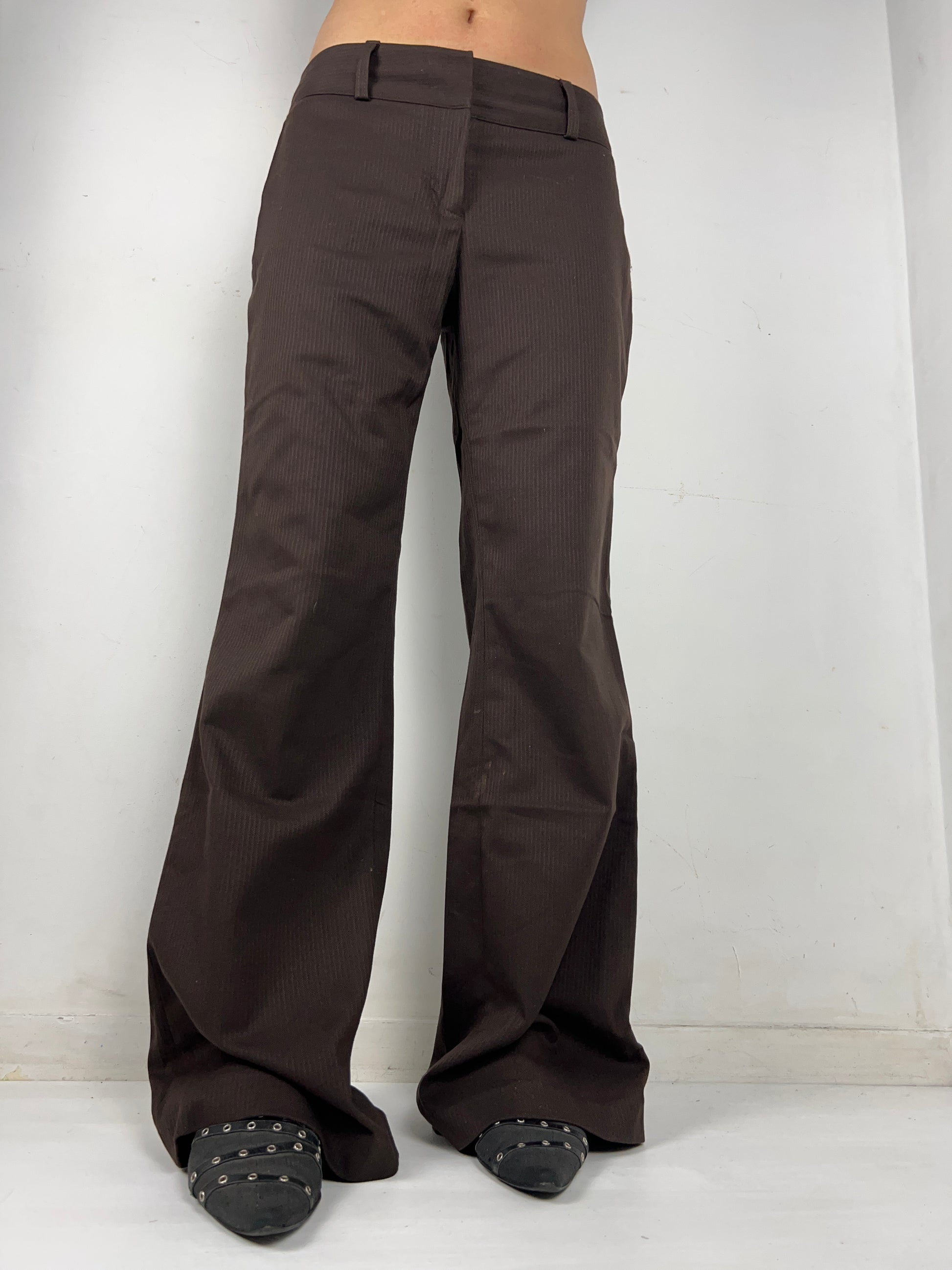 Brown striped low rise office flare pants (L)
