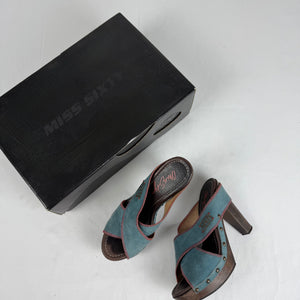 Blue suede leather clogs mules heels (36)