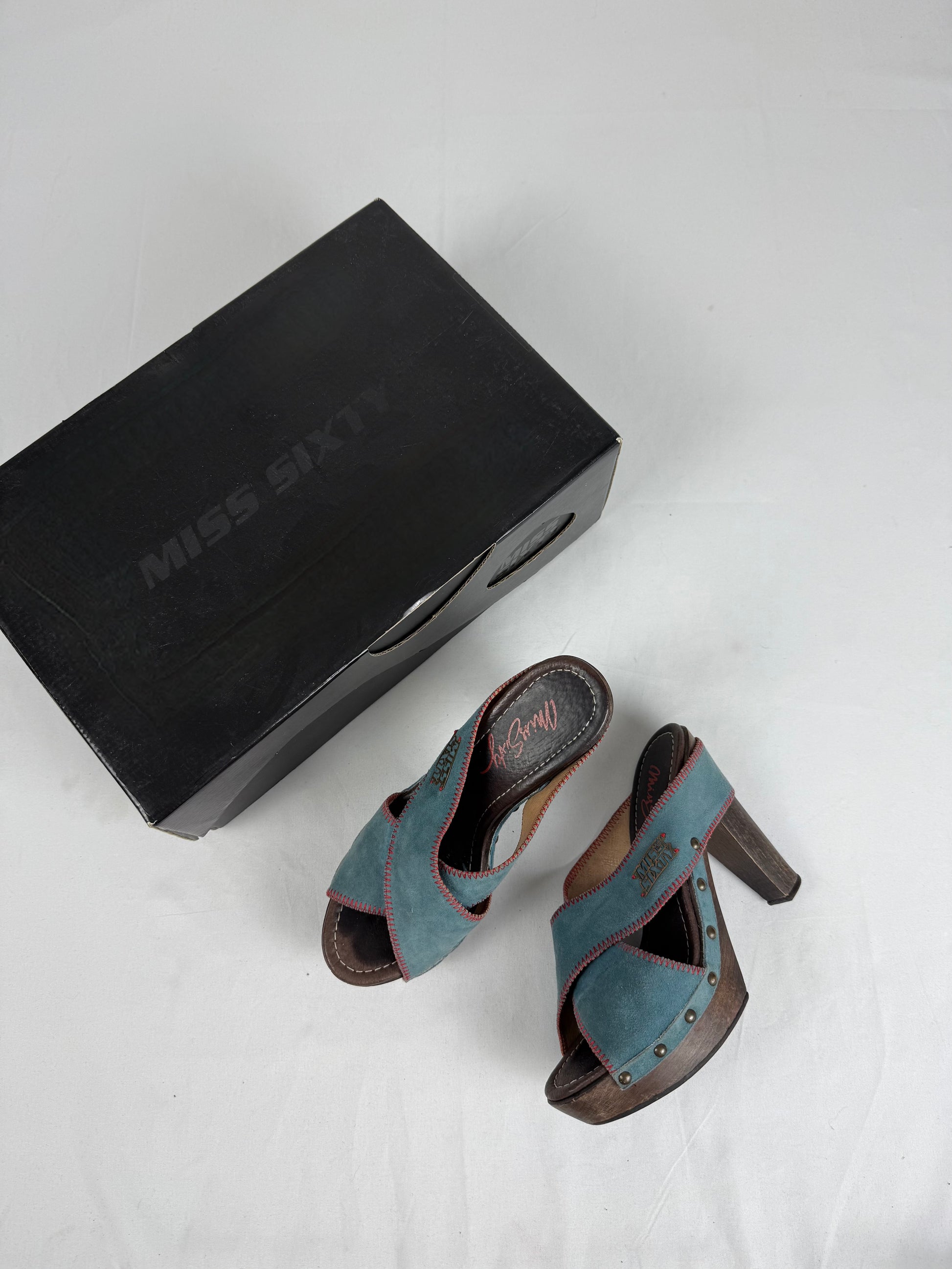 Blue suede leather clogs mules heels (36)