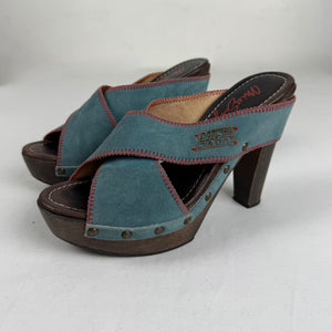 Blue suede leather clogs mules heels (36)