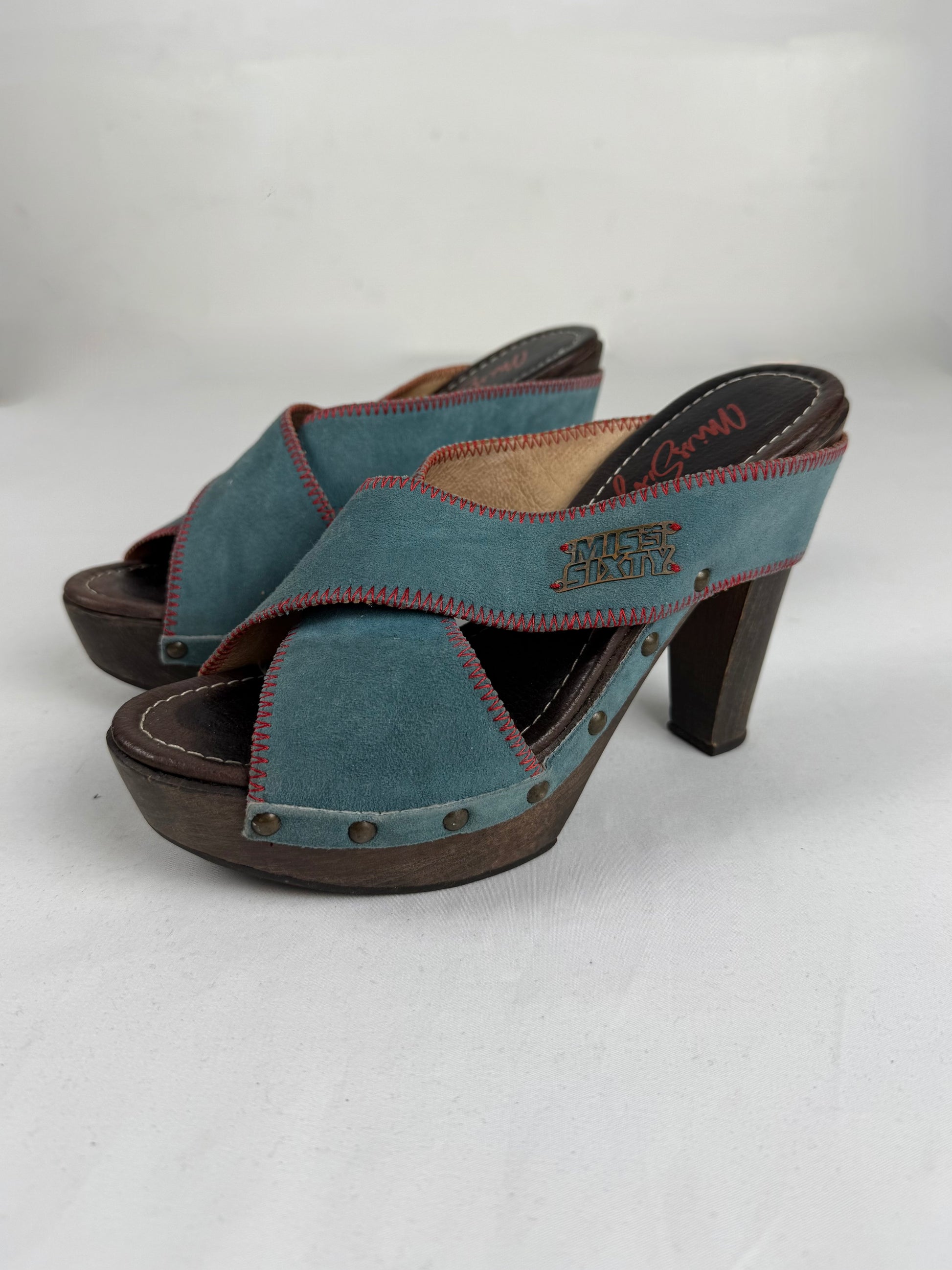 Blue suede leather clogs mules heels (36)
