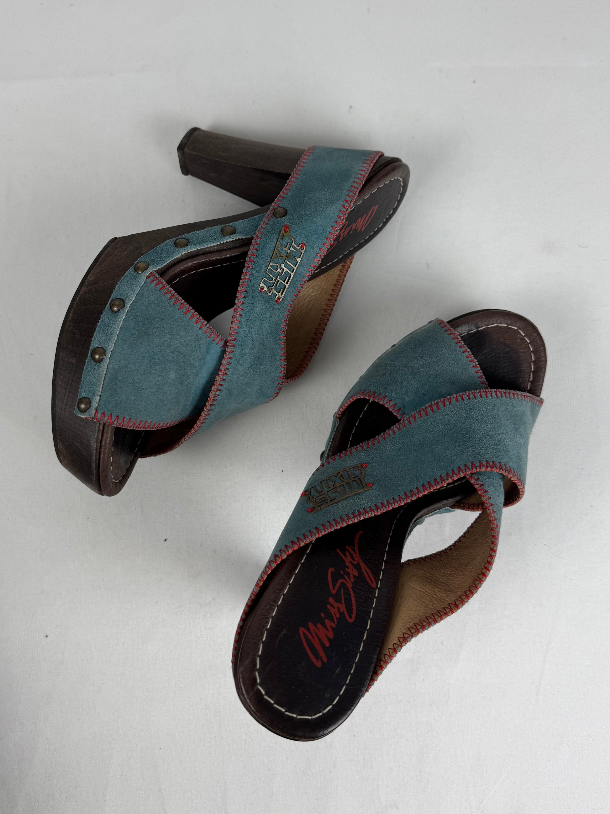 Blue suede leather clogs mules heels (36)