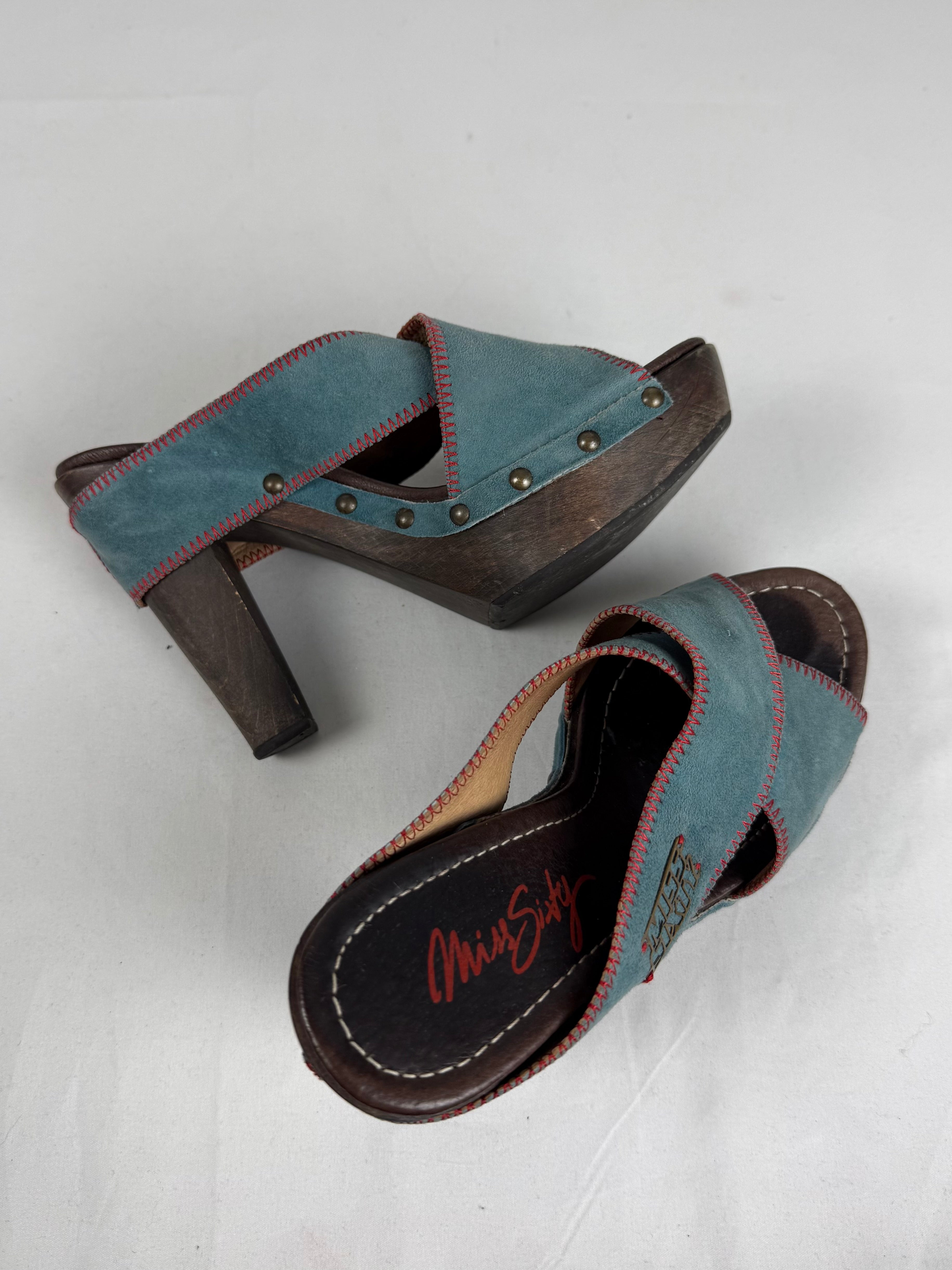 Blue suede leather clogs mules heels (36)