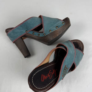 Blue suede leather clogs mules heels (36)