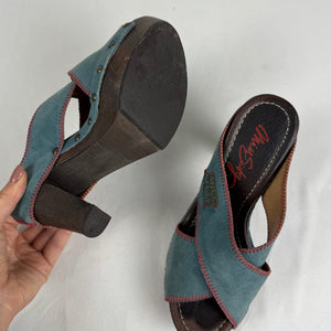 Blue suede leather clogs mules heels (36)