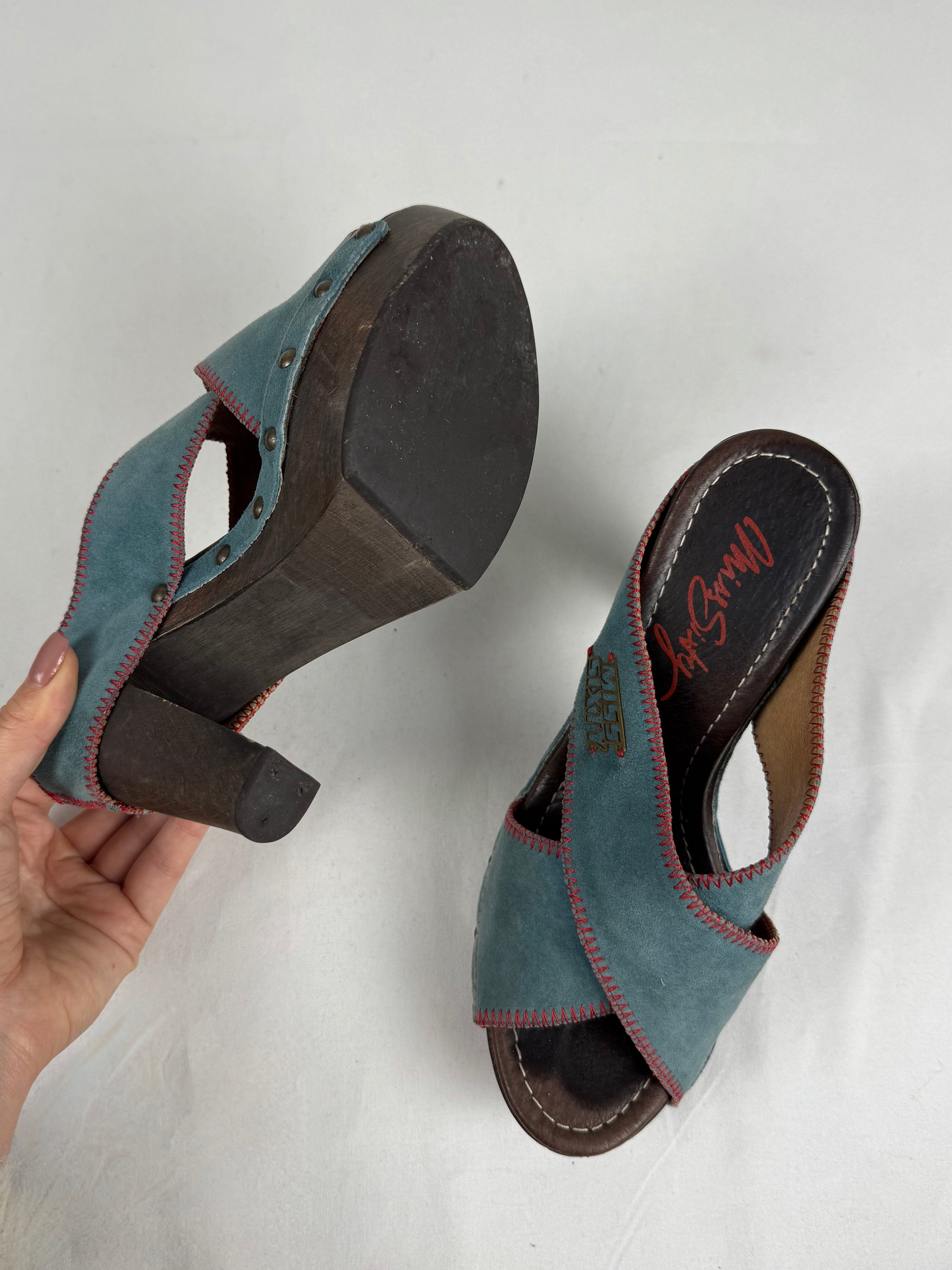 Blue suede leather clogs mules heels (36)