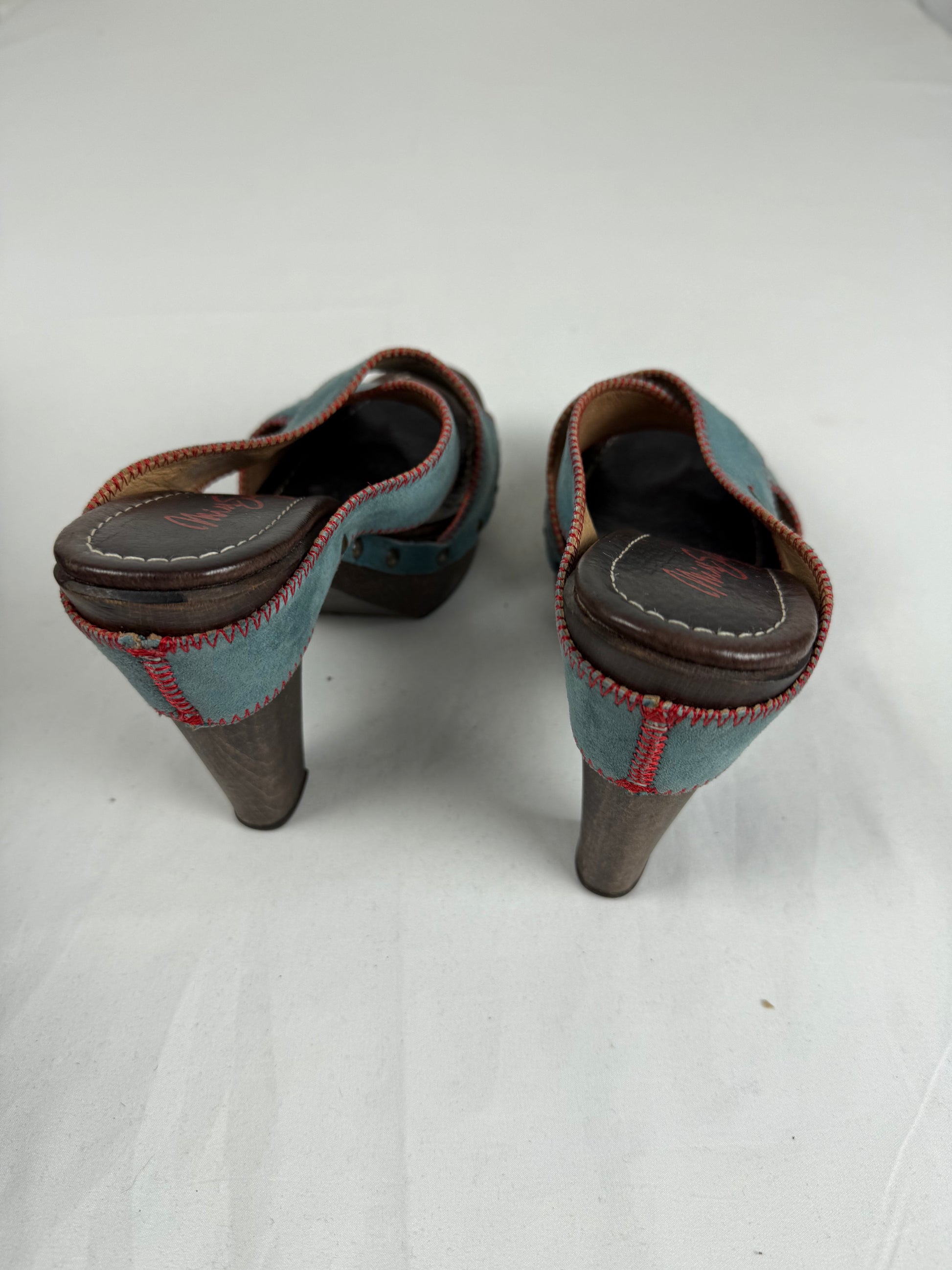 Blue suede leather clogs mules heels (36)