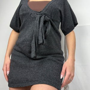 Grey short sleeves tie up knitted mini dress (S/M)