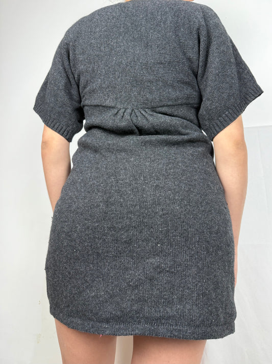 Grey short sleeves tie up knitted mini dress (S/M)