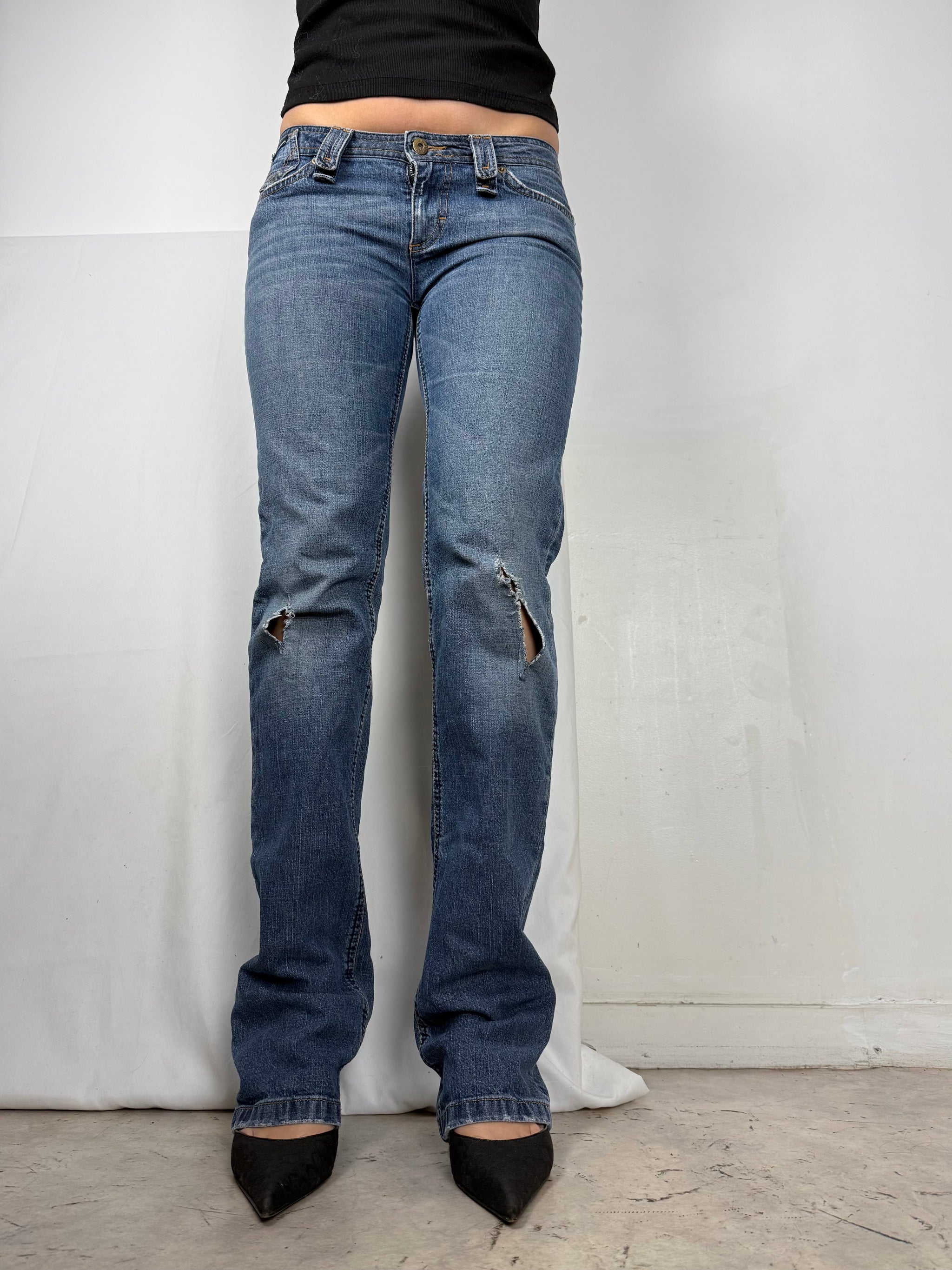 Blue denim low rise straight legs pants (S)