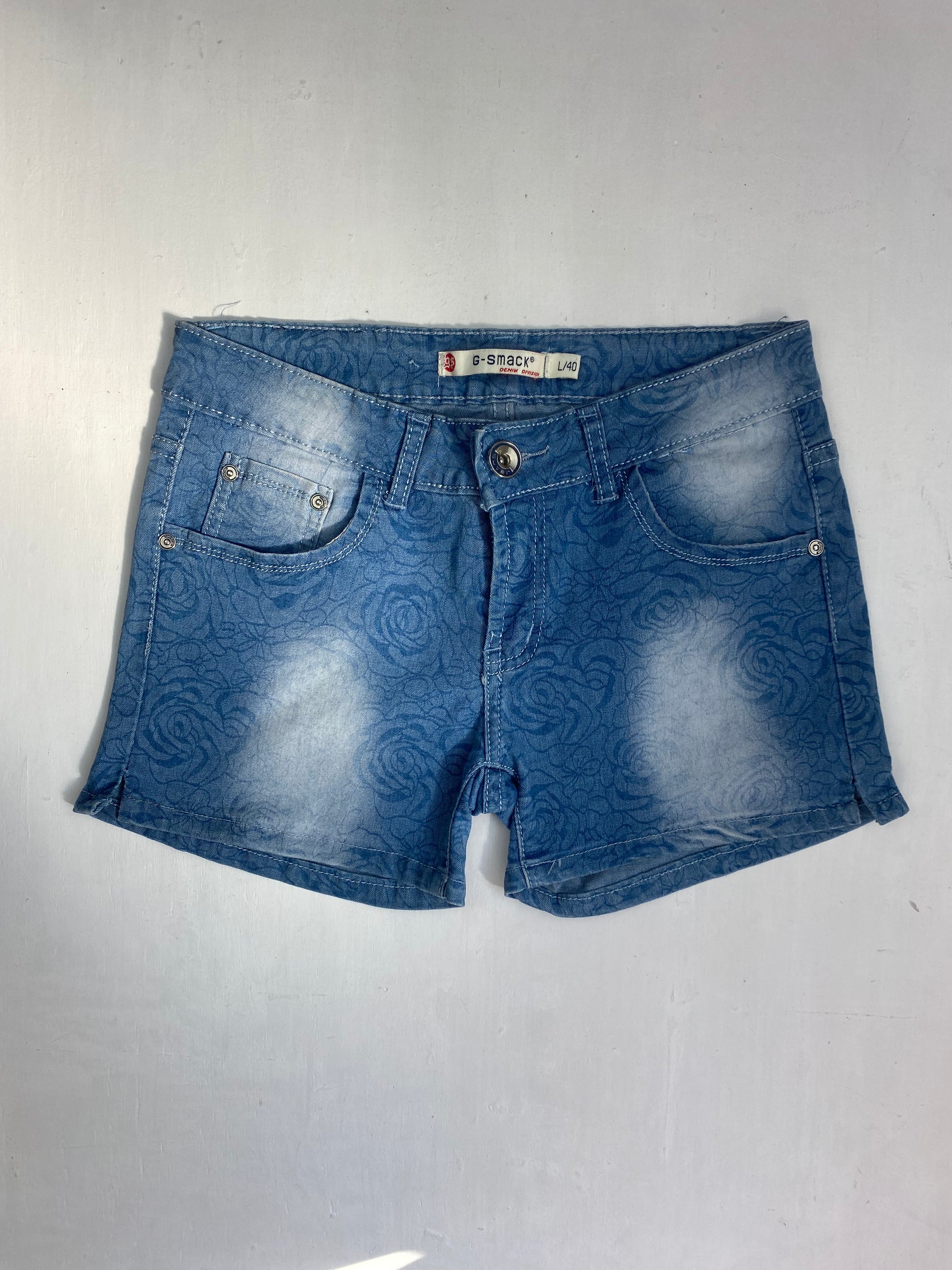 Blue denim floral low rise mini short (S)