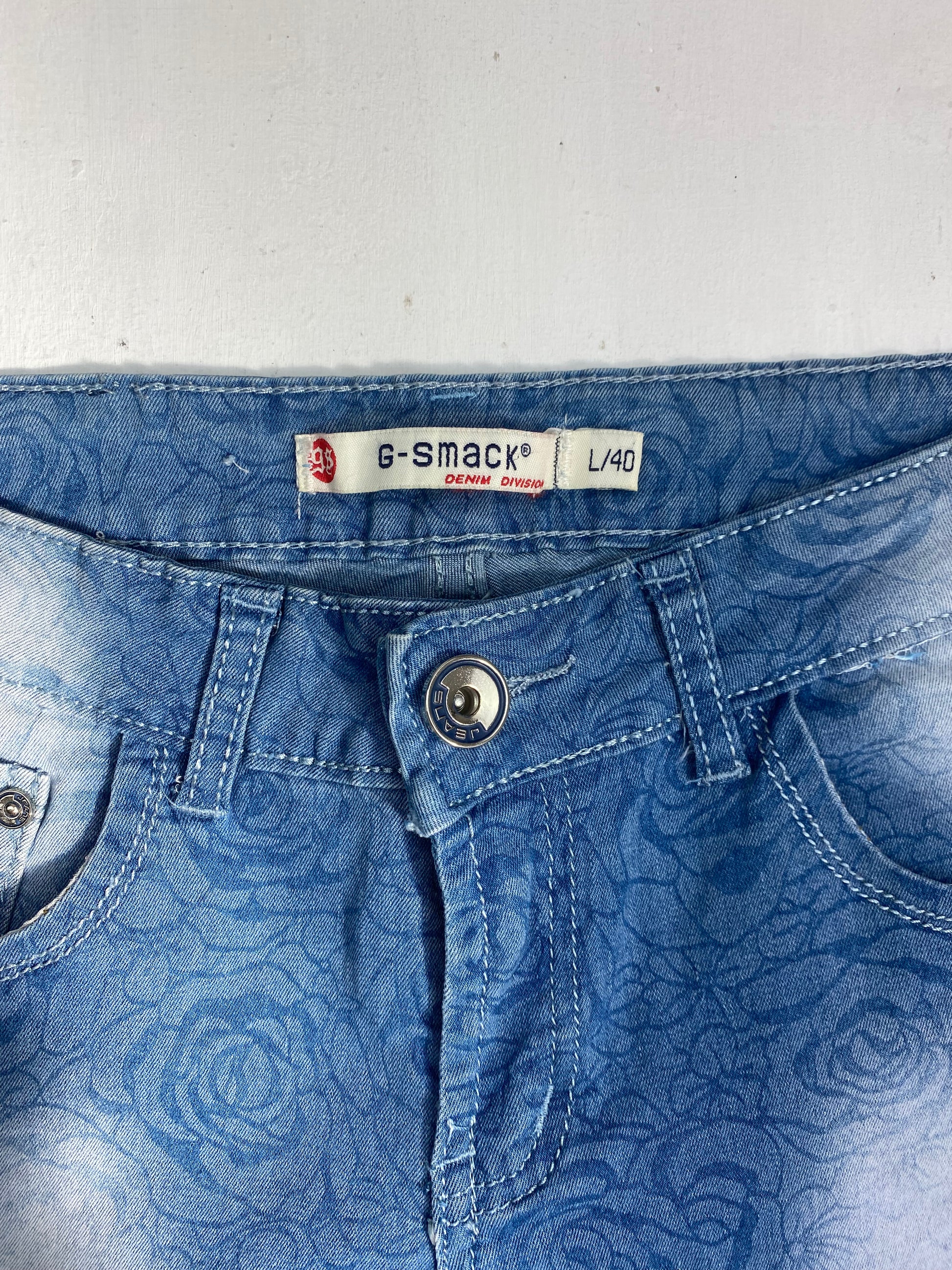 Blue denim floral low rise mini short (S)