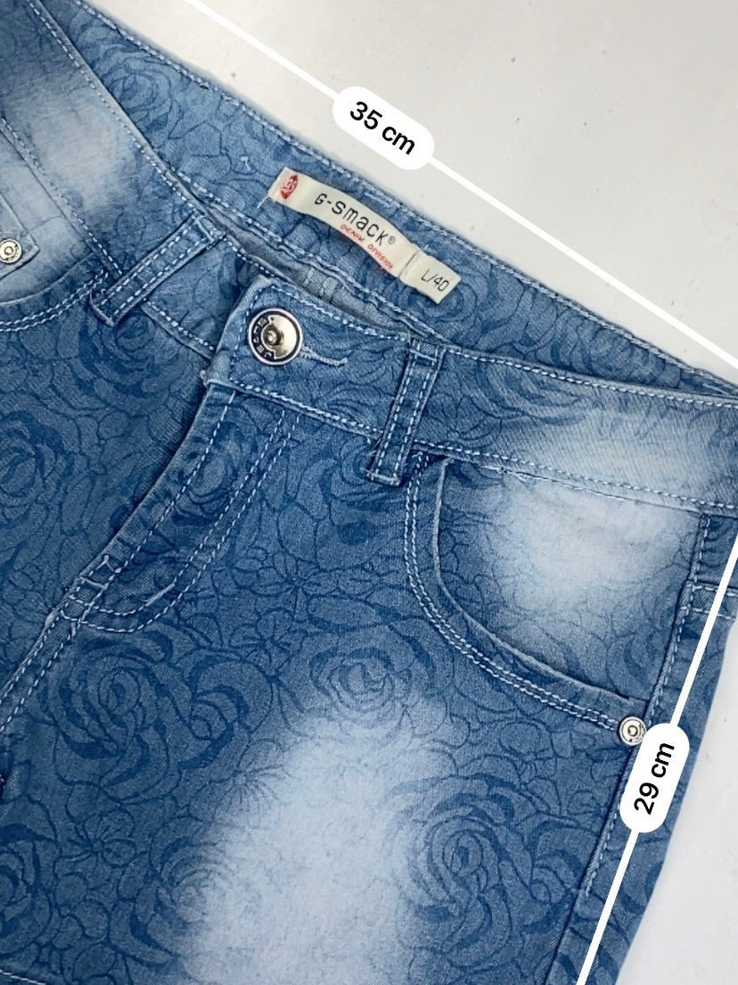Blue denim floral low rise mini short (S)