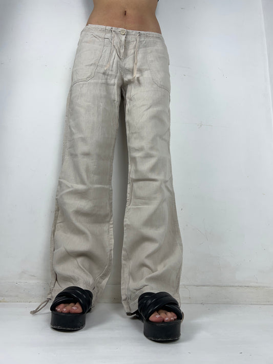 Beige linen low rise baggy summer pants (L)