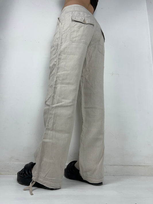 Beige linen low rise baggy summer pants (L)