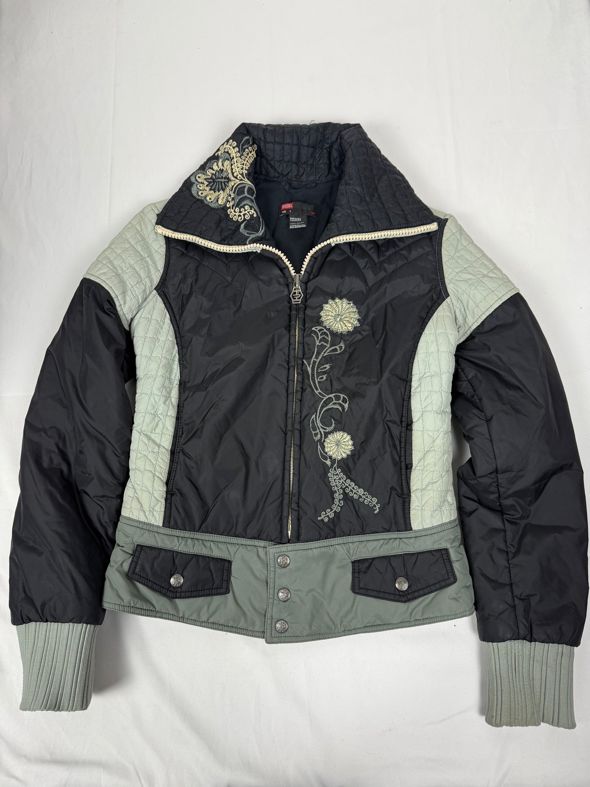 Khaki embroidered floral puffer jacket (S)