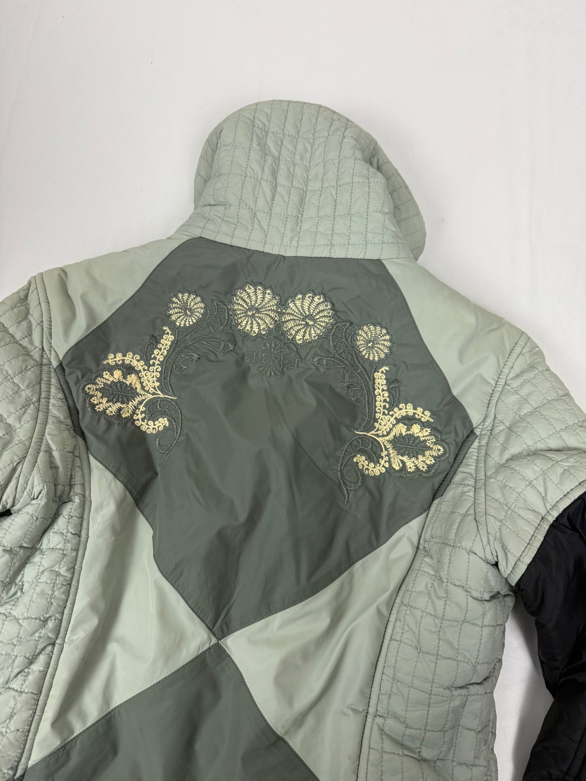 Khaki embroidered floral puffer jacket (S)