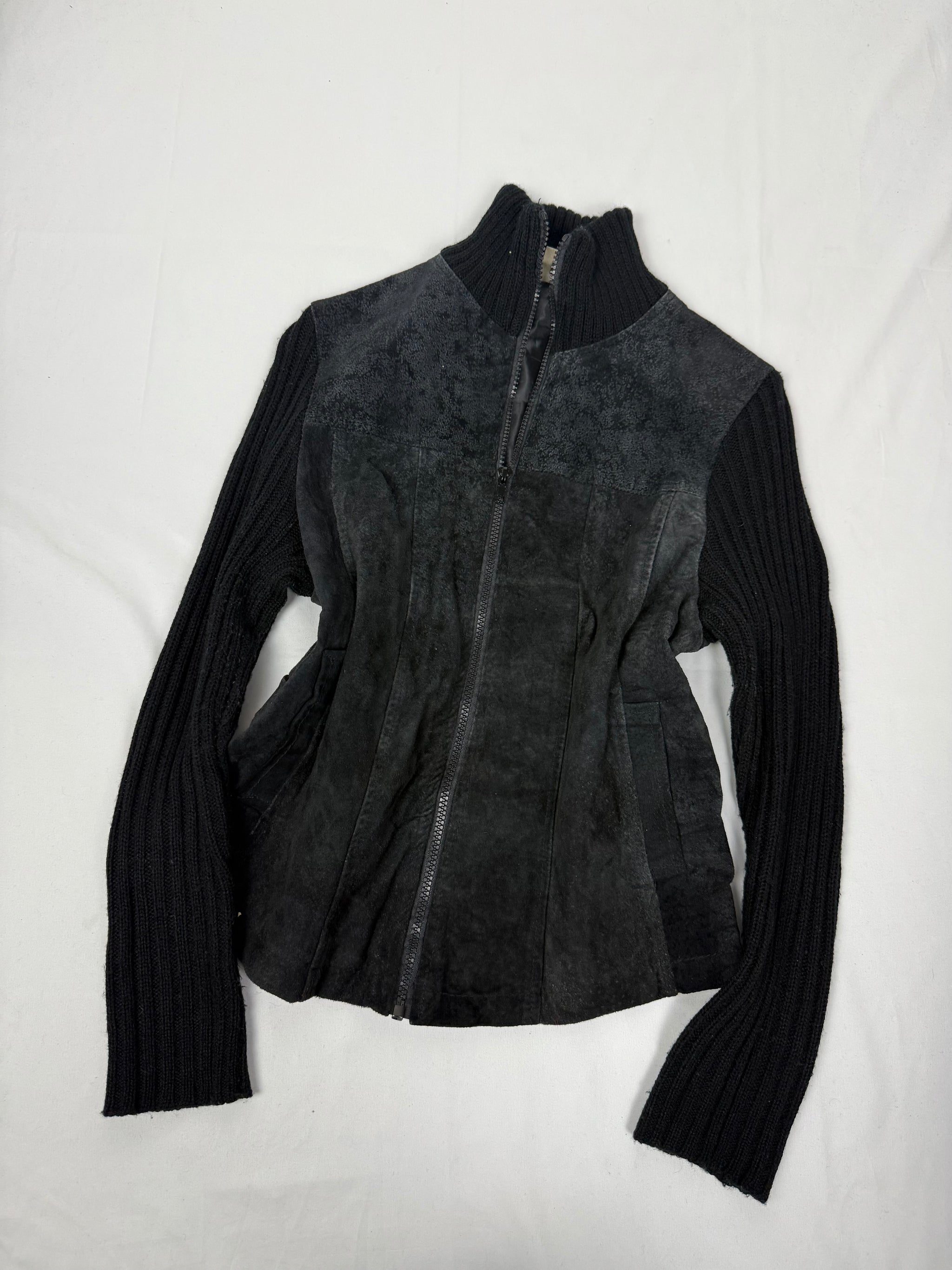 Black bi fabric 100% real suede leather knitted jacket (M)