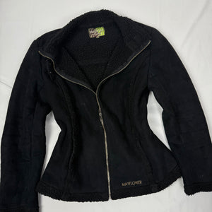 Black inside fleece faux fur suede tight fit jacket (M)