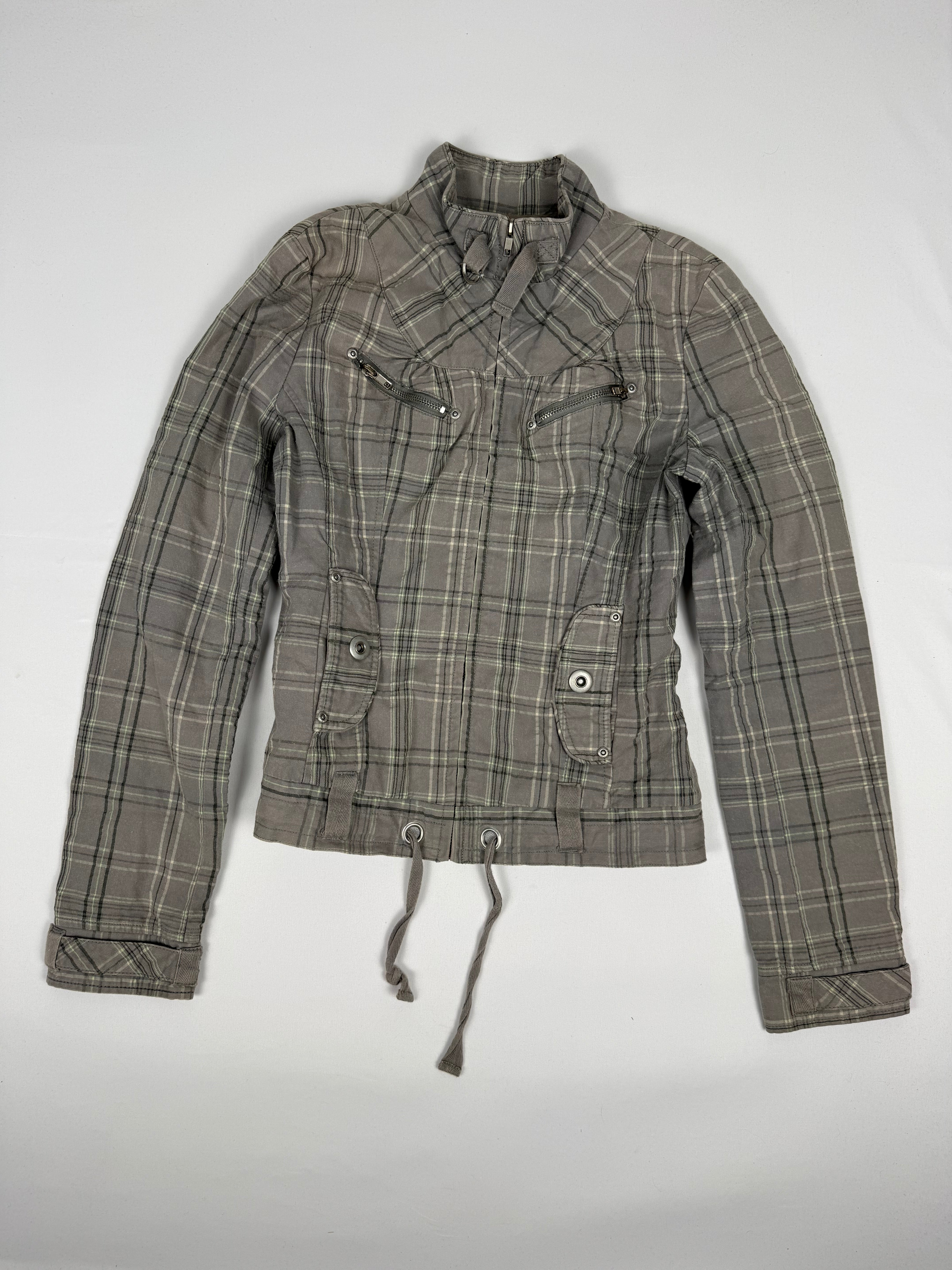 Grey check print zip up jacket (M)