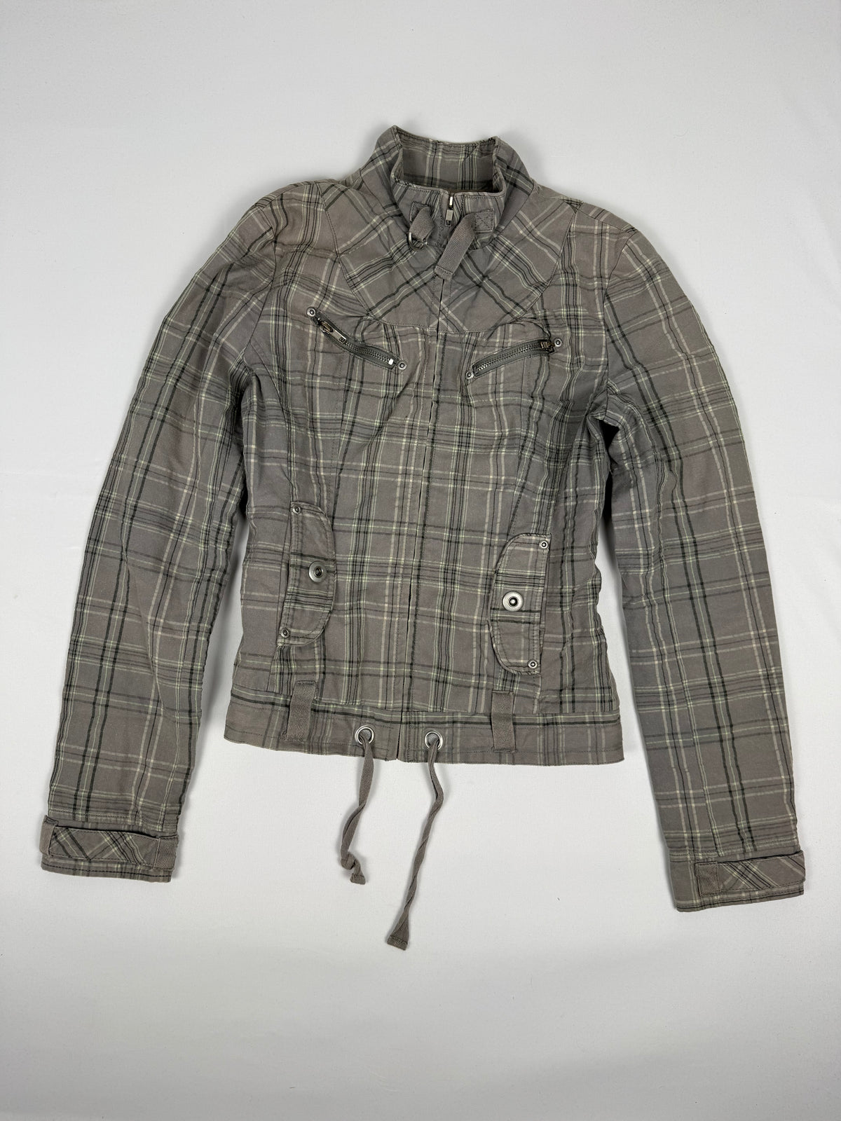 Grey check print zip up jacket (M)