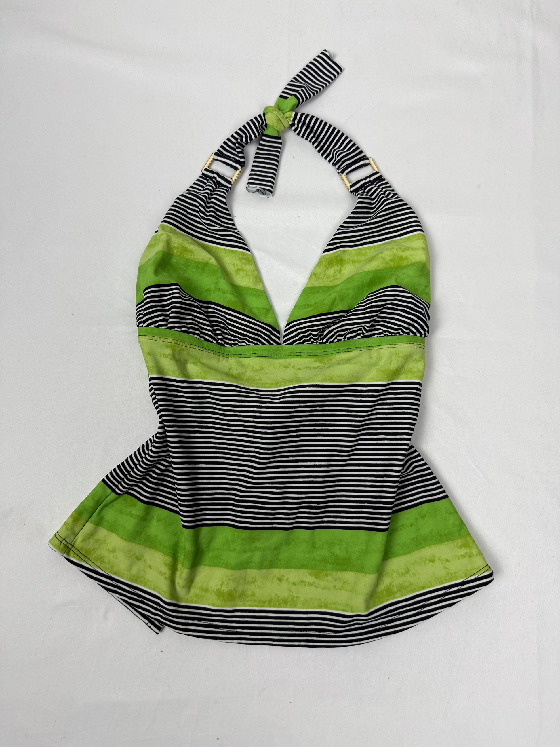 Lycra green striped backless buckle halter top (S)