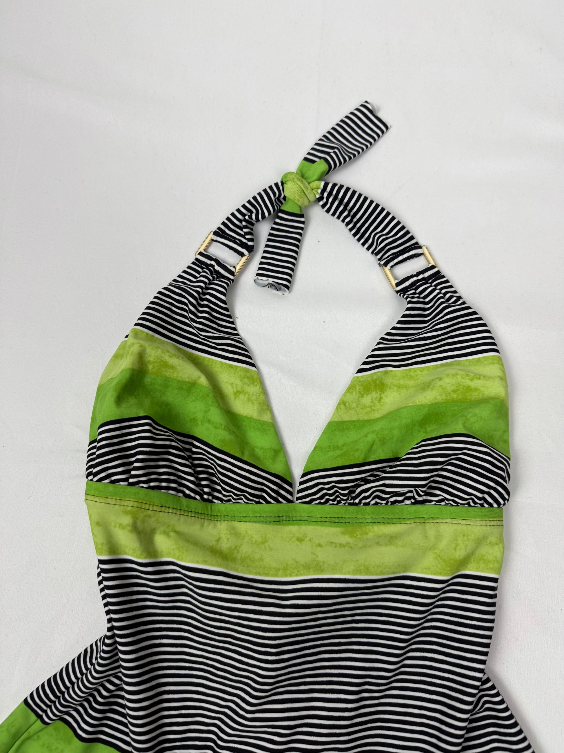 Lycra green striped backless buckle halter top (S)