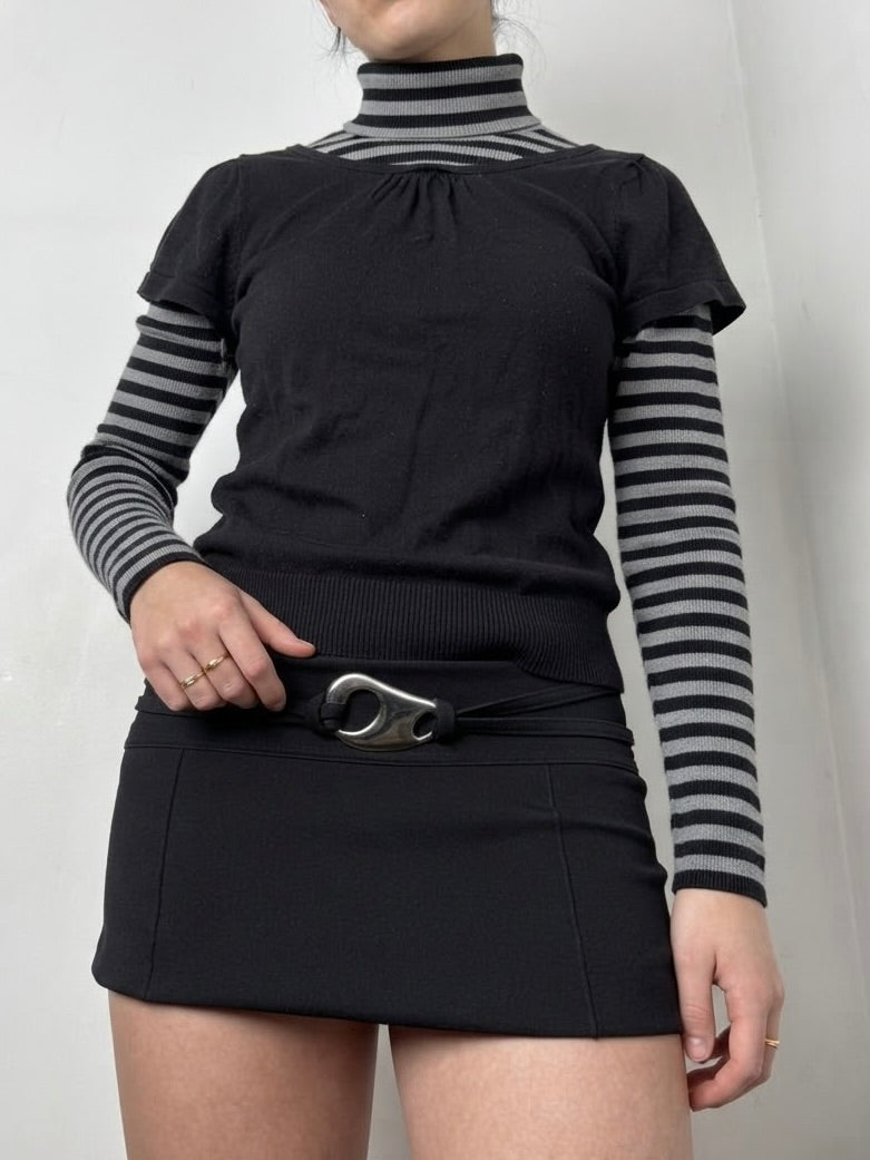 Black striped turtleneck 2 in 1 short sleeves jumper (S)