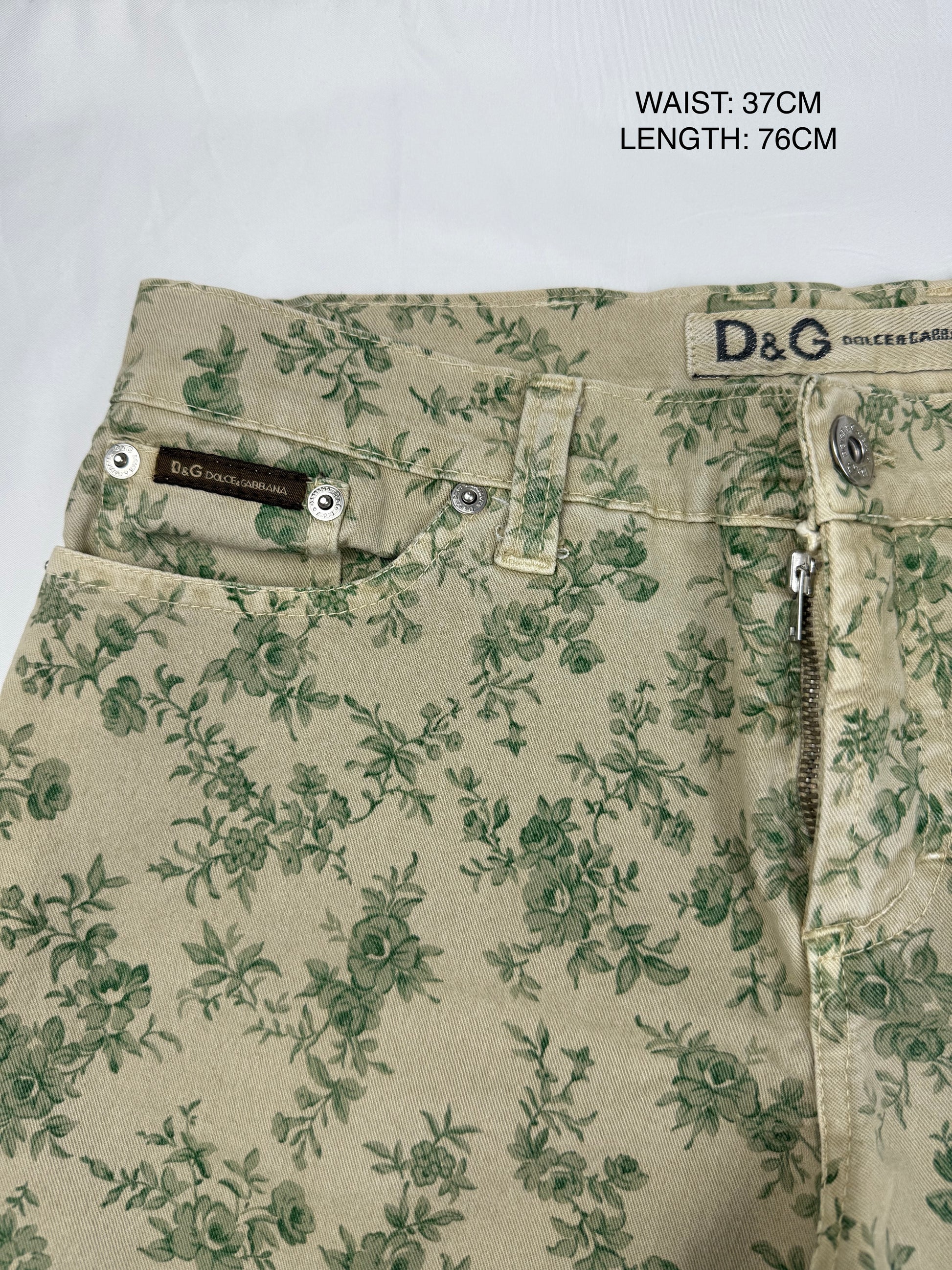 Khaki floral denim low rise capri pants (S)