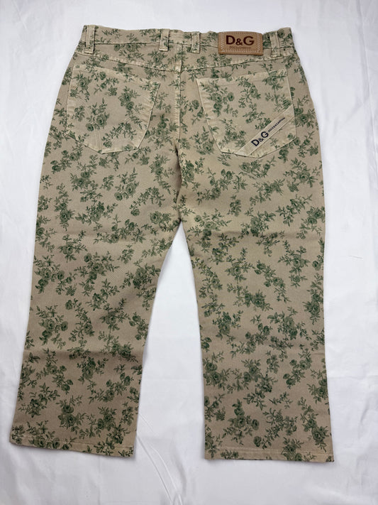 Khaki floral denim low rise capri pants (S)