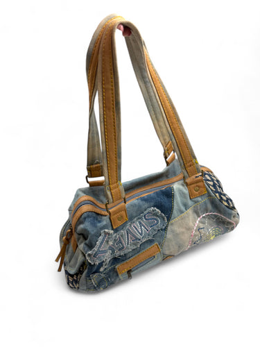 Denim graphic shoulder bag